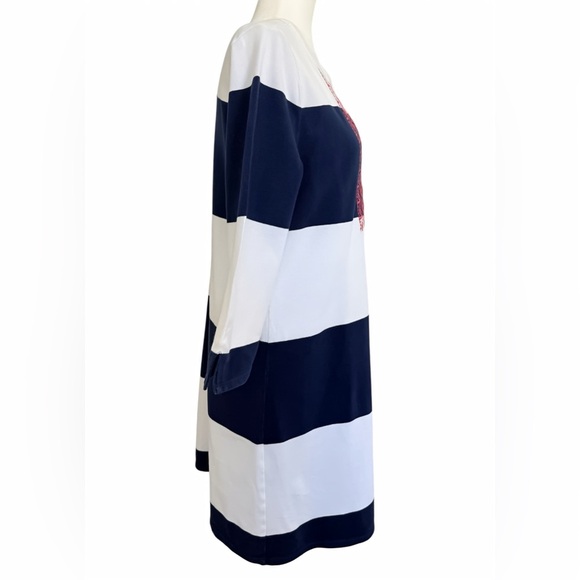Talbots Cotton Piqué Embroidered Tunic Shift Dress – Navy, White & Pink – Size M - Picture 3 of 10